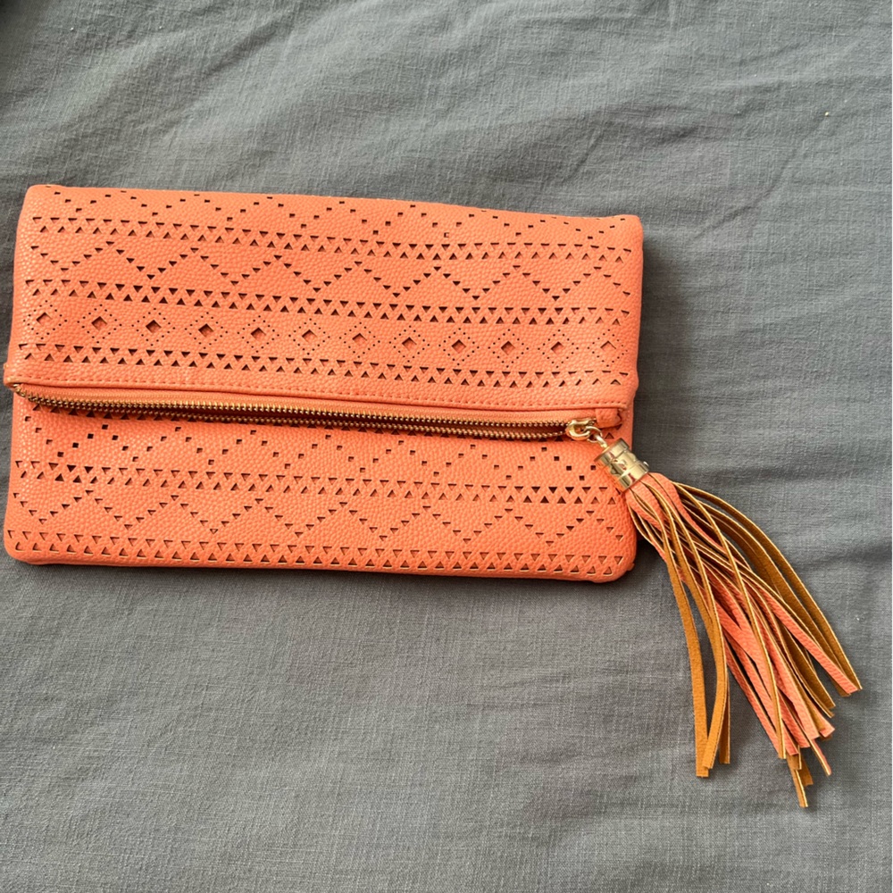 Coral boho oversized clutch with fringe
